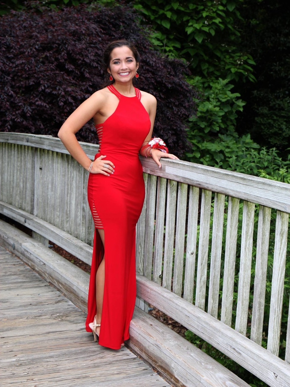 Camille La Vie Red Halter Side-Slit Prom Gown